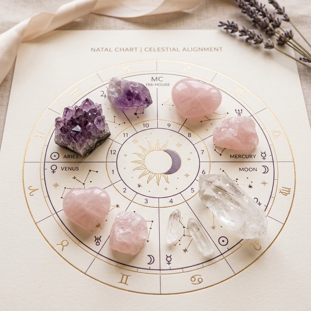 Crystals placed on an aesthetic astrological natal chart
